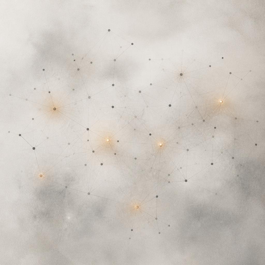 A delicate network of connected points with occasional warm lights
